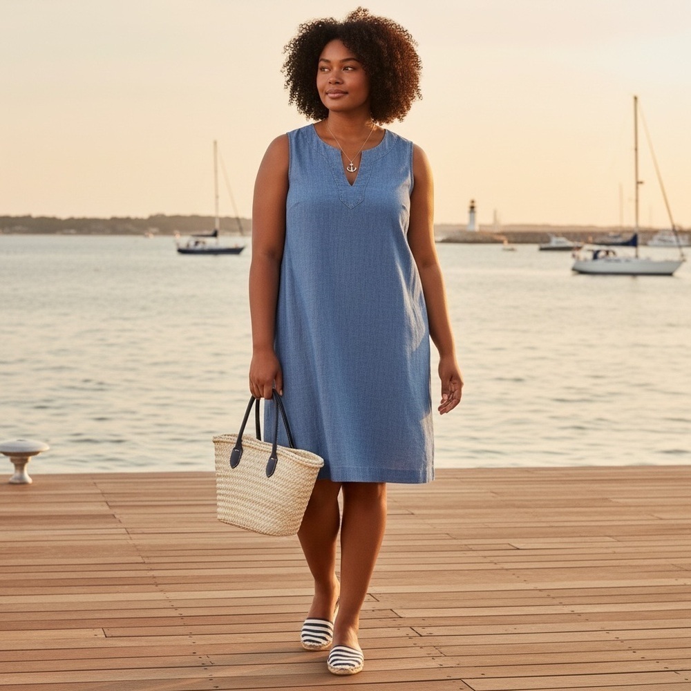 Talbots Chambray Midi Dress Size 14W Shift Coastal Relaxed Capsule Beachy